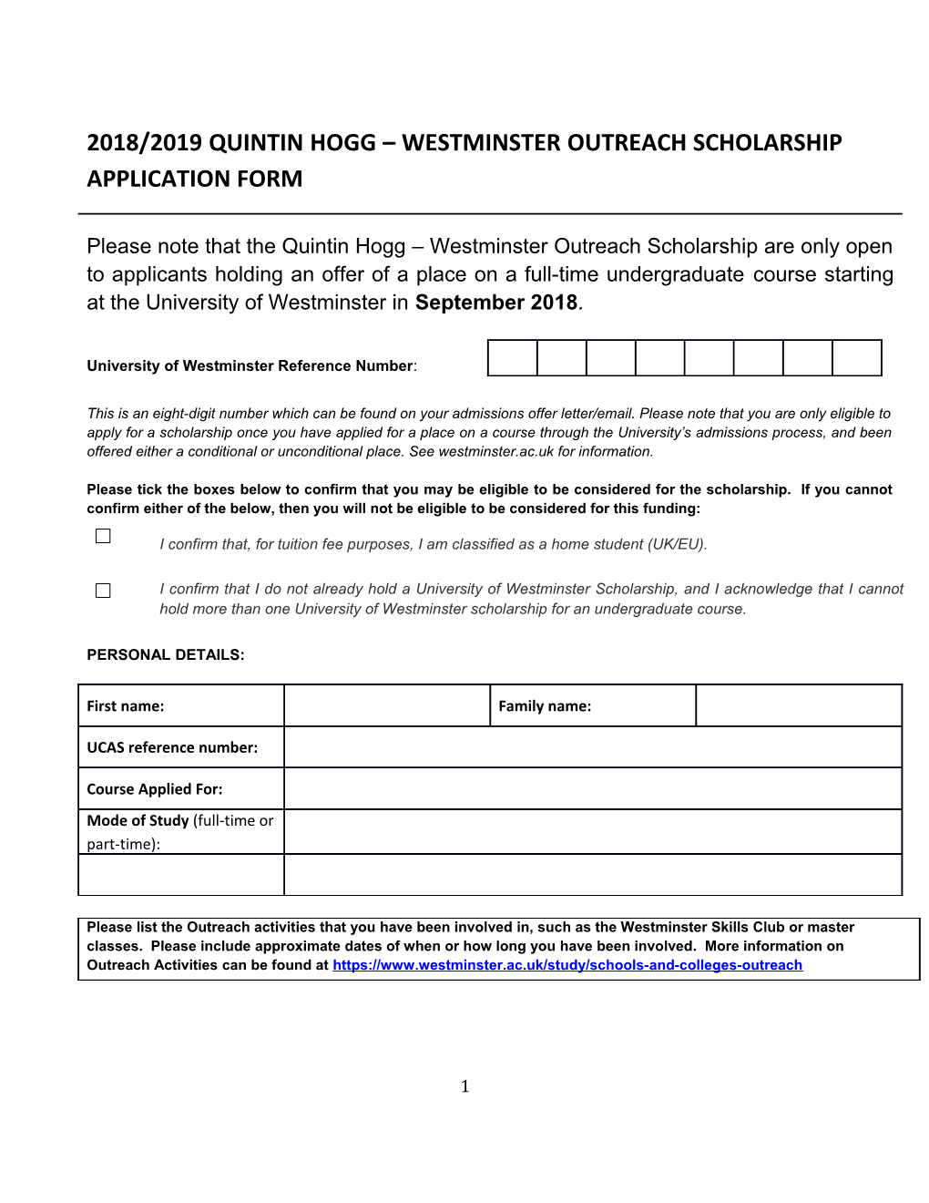 2018/2019Quintin Hogg Westminster Outreach Scholarshipapplication Form