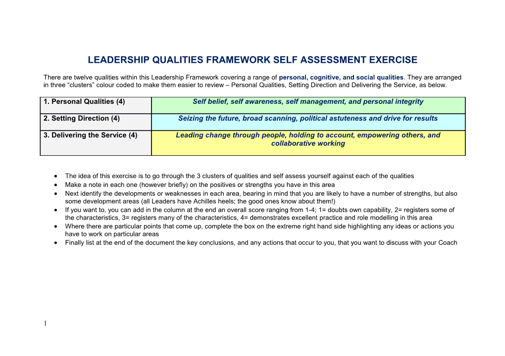 Nhs Leadership Qualities Framework Self Assessment Exercise