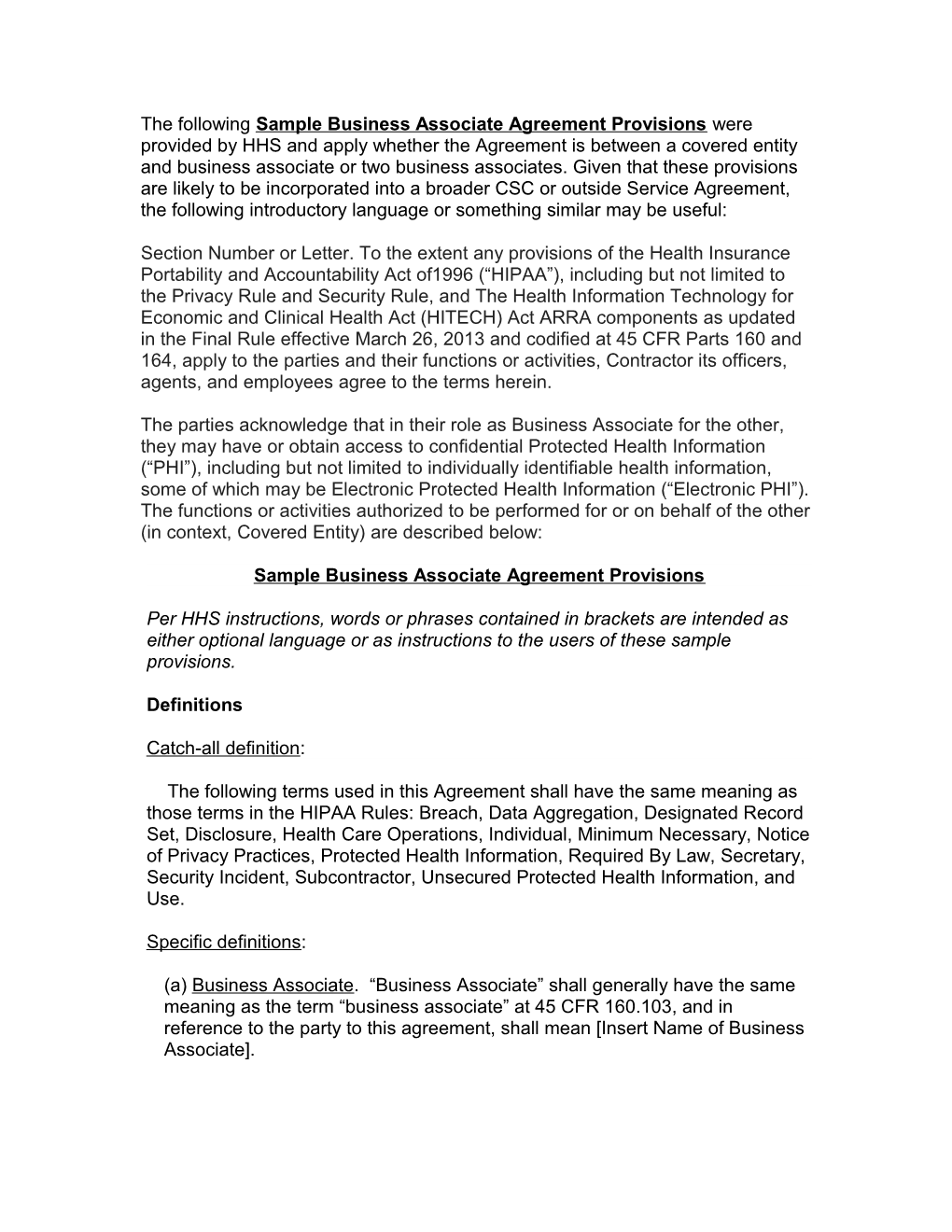 Sample Business Associate Agreement Provisions