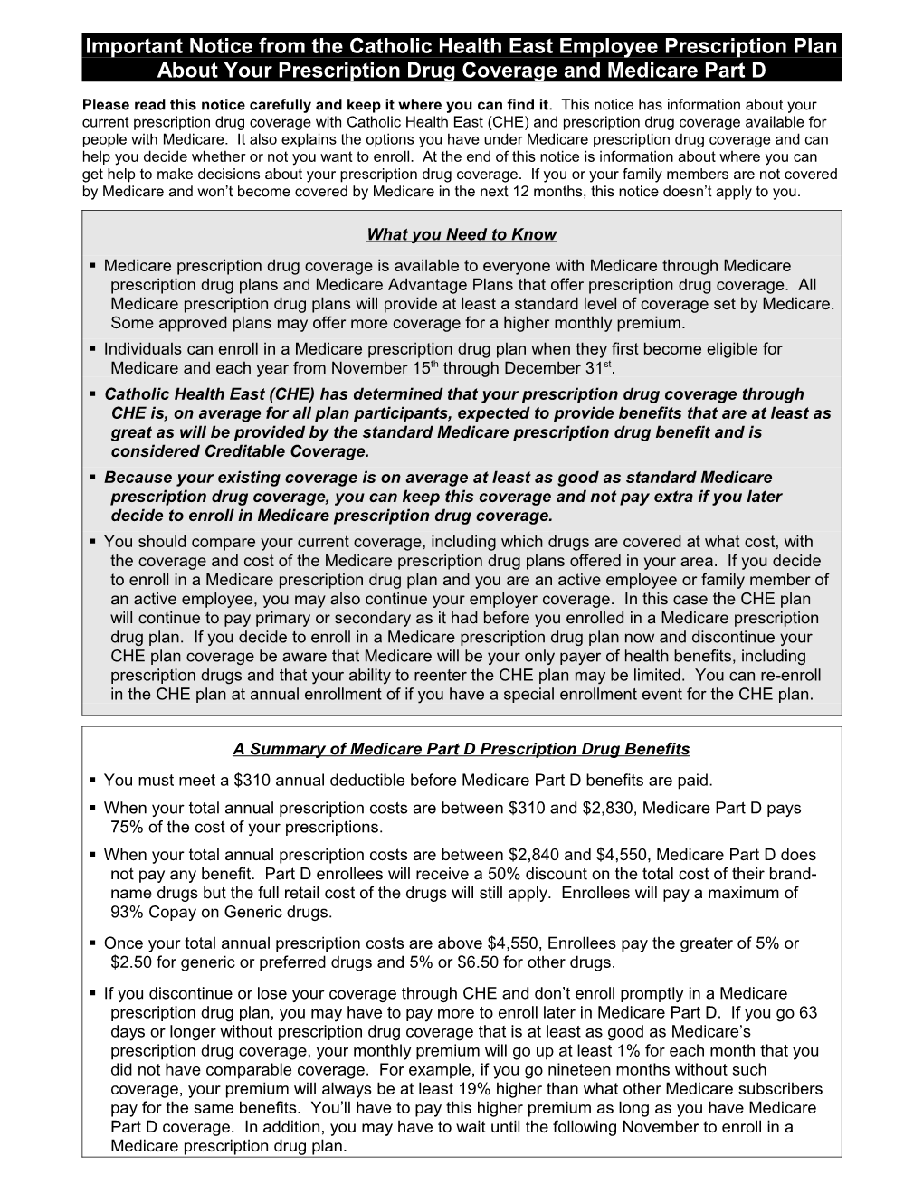 Important Notice from Catholic Health East Employee Prescription Program About Your Prescription