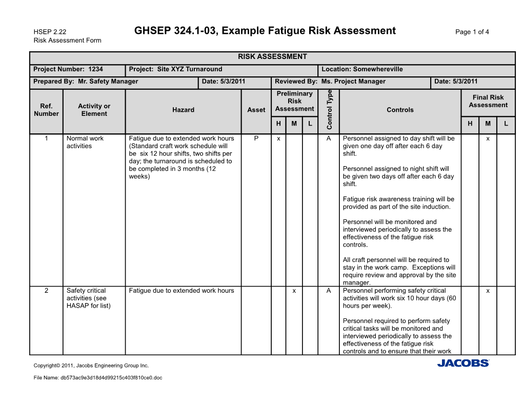 HSEP 2.22 GHSEP 324.1-03, Example Fatigue Risk Assessment Page 1 of 4