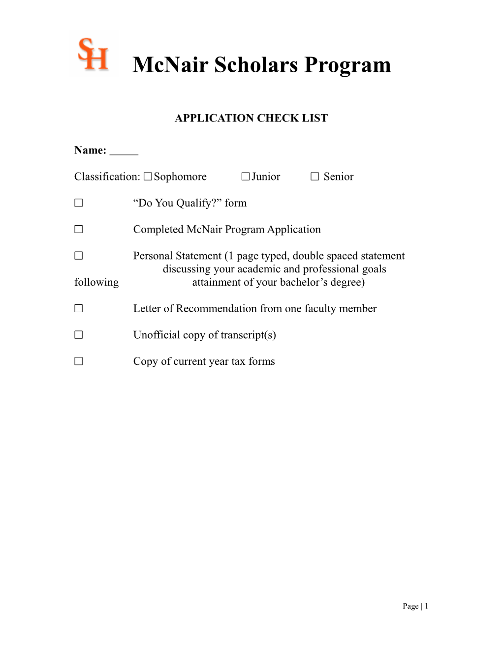 SHSU Mcnair Program Application