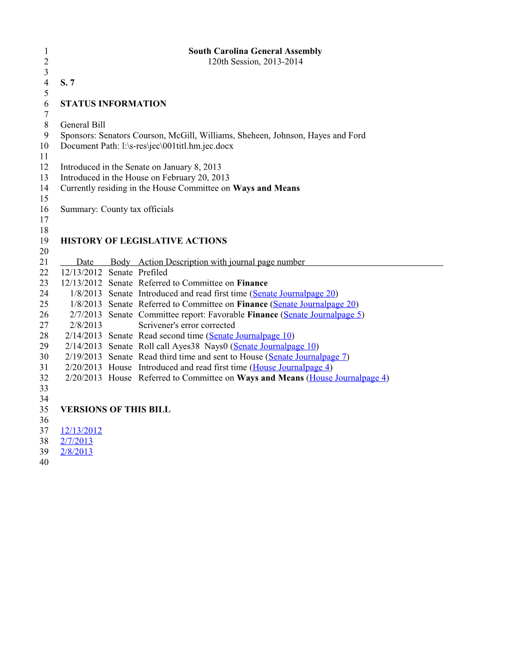 2013-2014 Bill 7: County Tax Officials - South Carolina Legislature Online