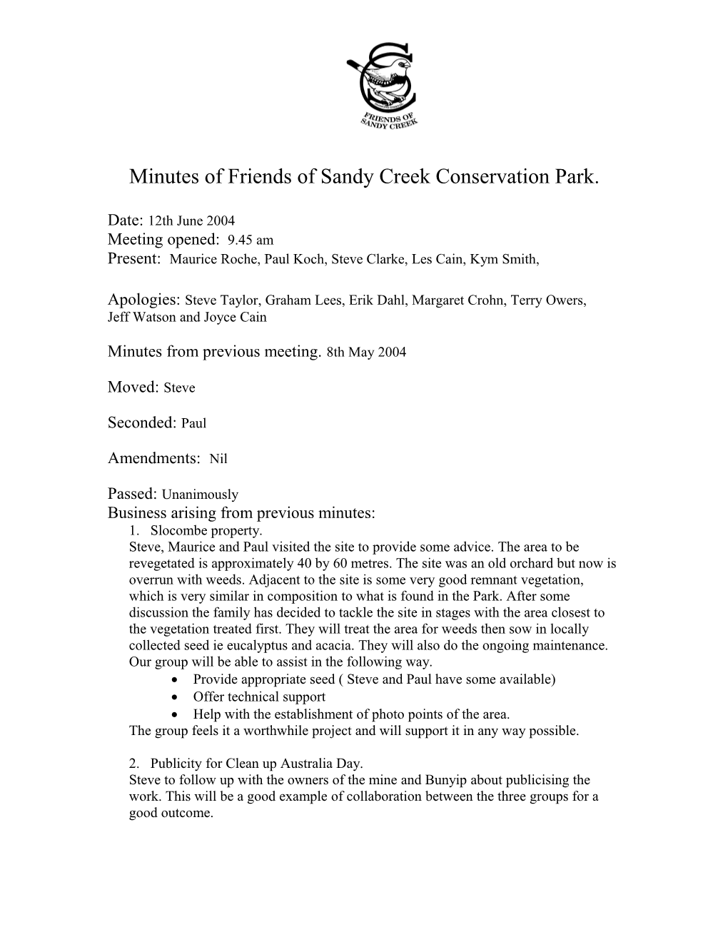 Minutes of Friends of Sandy Creek Conservation Park