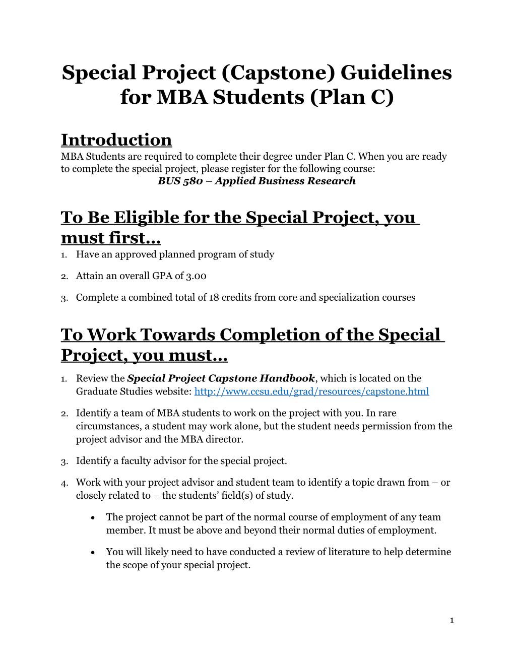 Special Project (Capstone) Guidelines for MBA Students (Plan C)