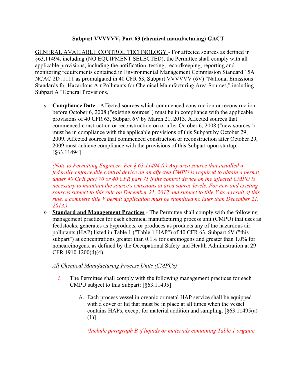 Subpart VVVVVV, Part 63 (Chemical Manufacturing) GACT