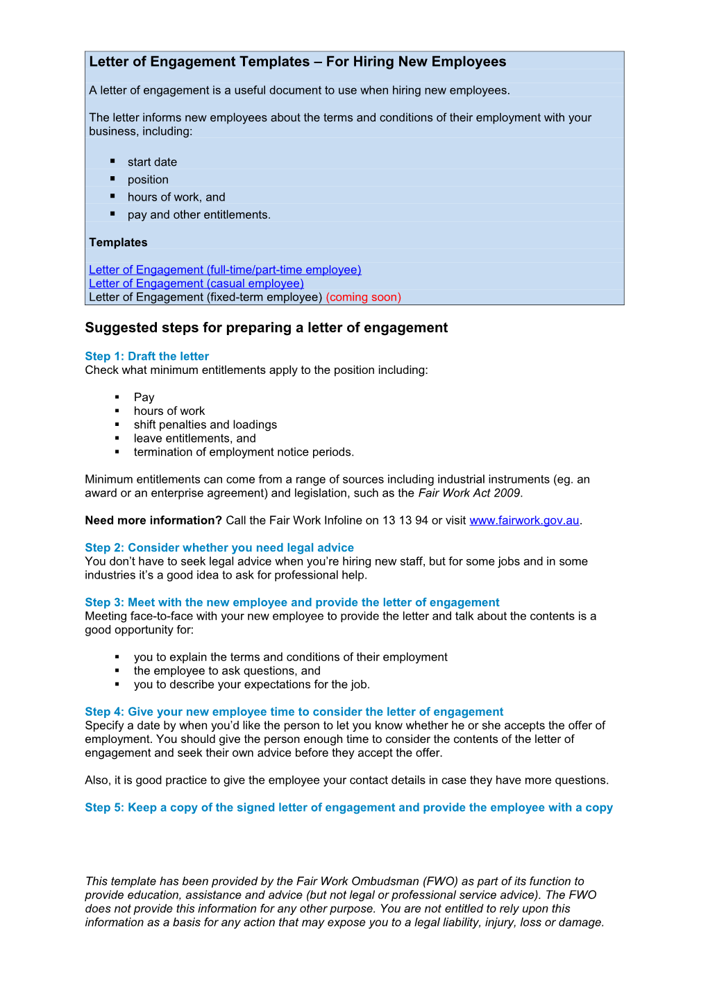 Template Letter of Engagement - Full-Time/Part-Time Employee