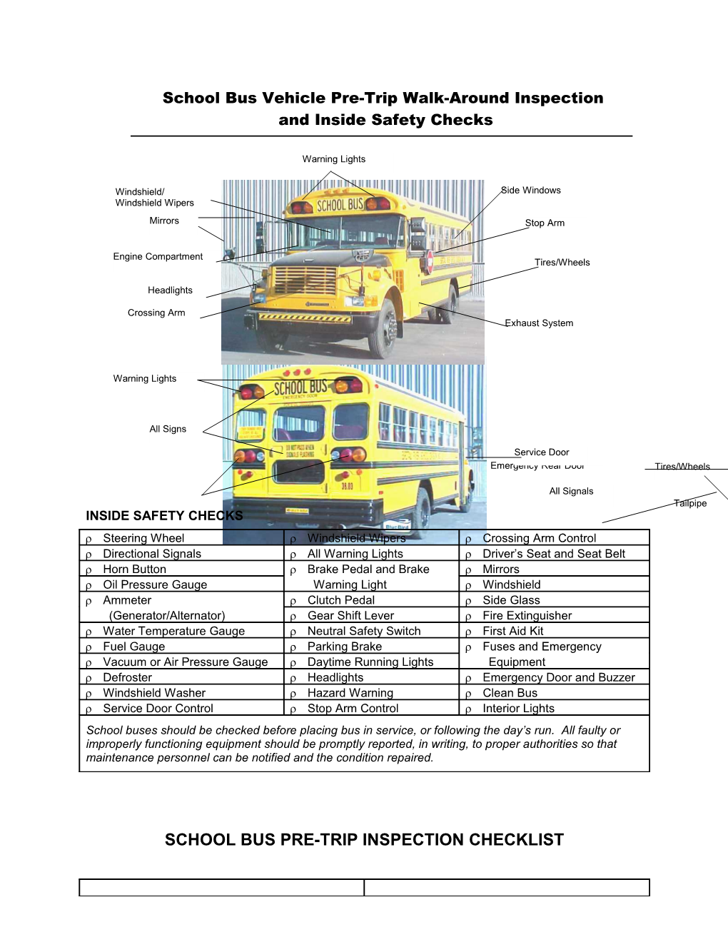 School Bus Vehicle Pre-Trip Walk-Around Inspection