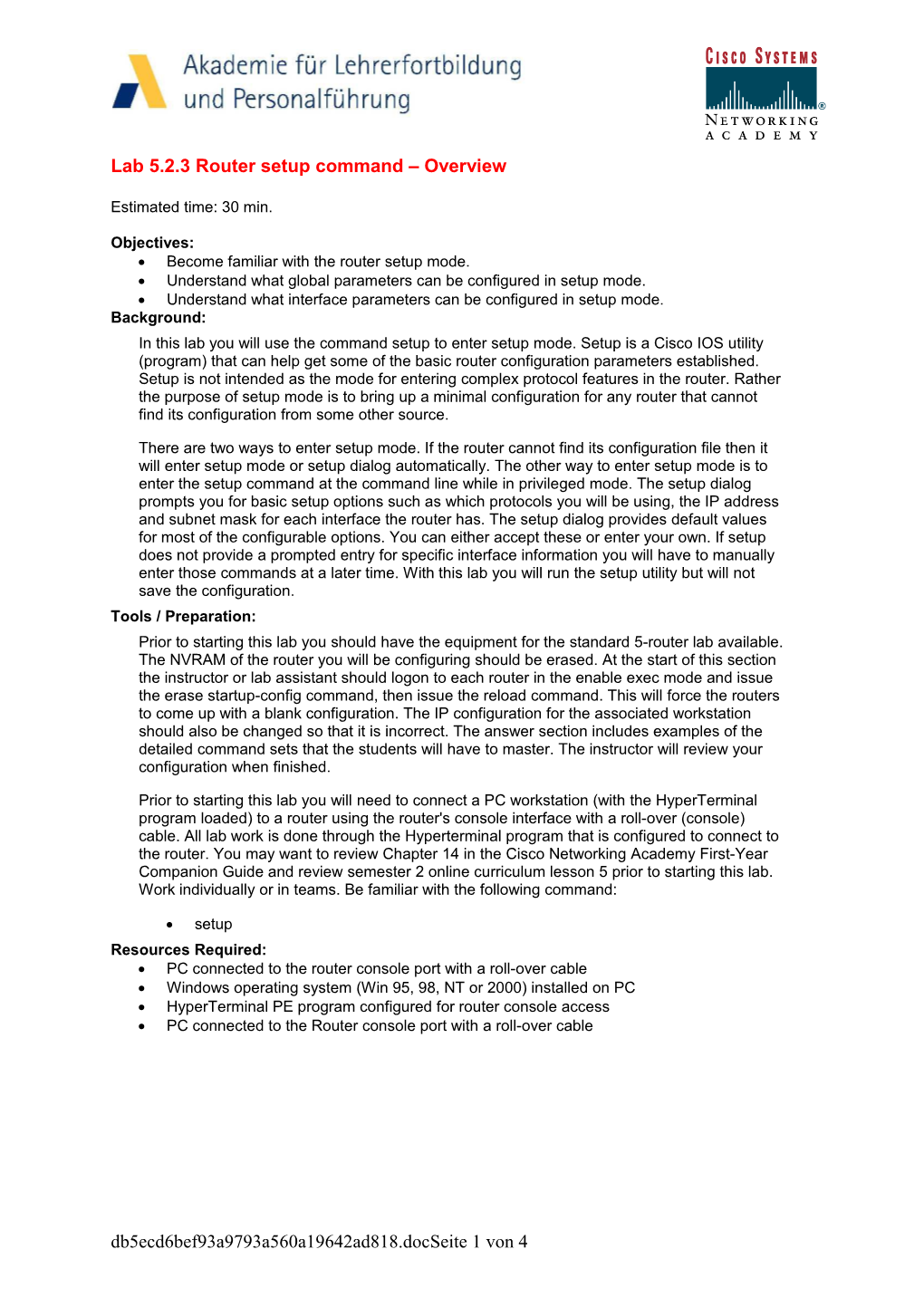 Lab 5.2.3 Router Setup Command Overview