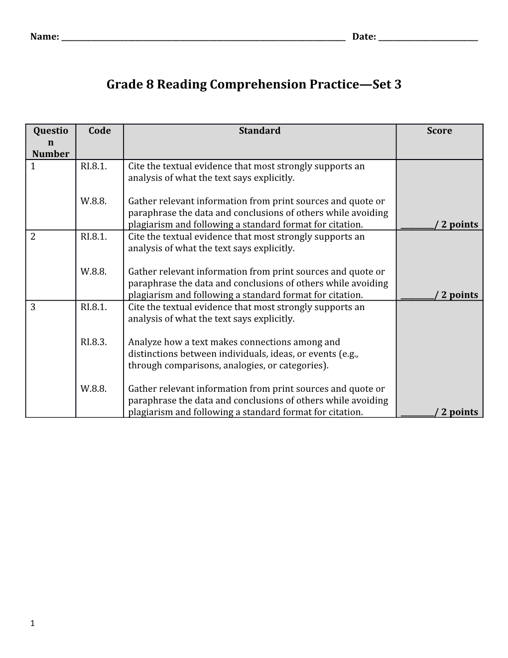 Grade 8 Reading Comprehension Practice Set 3