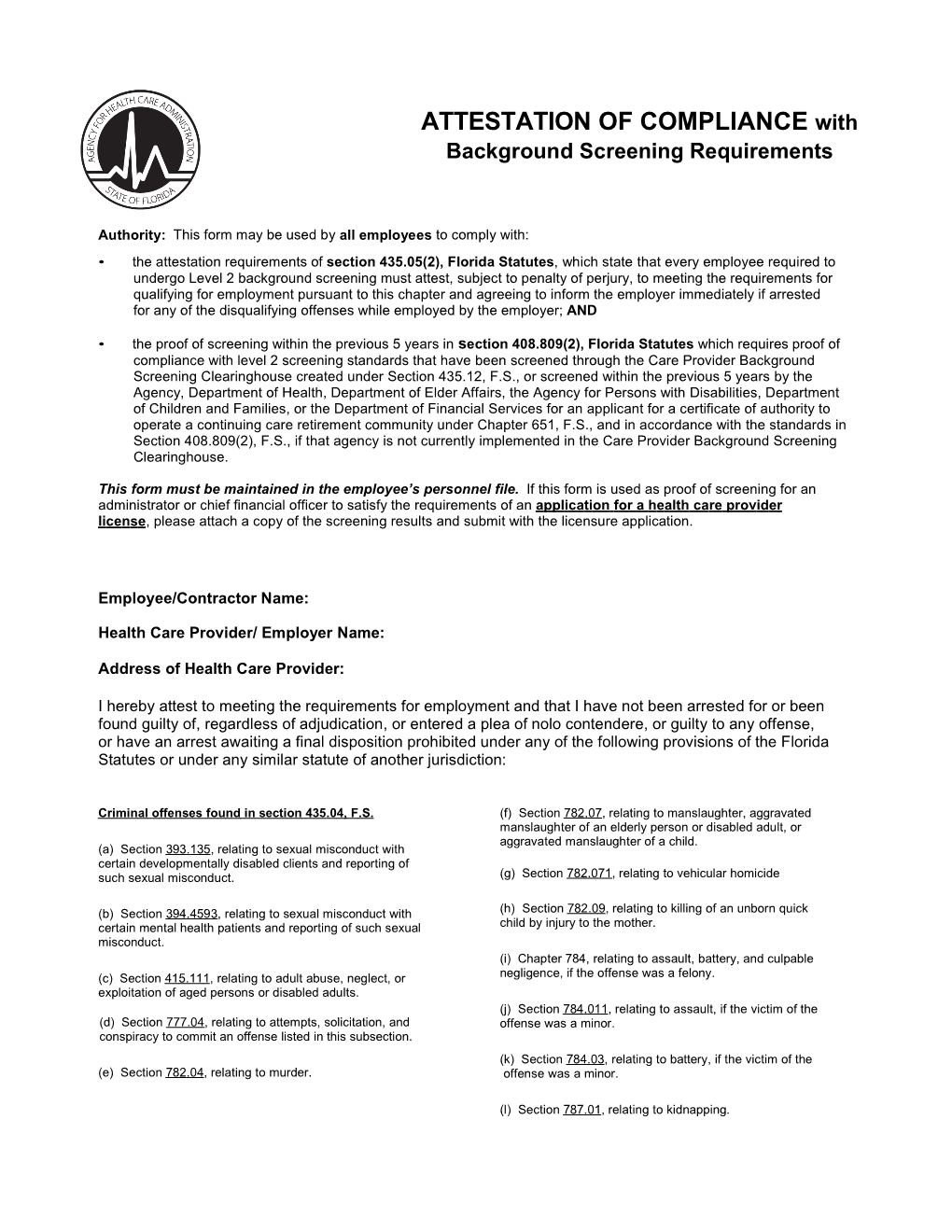 Affidavit of Compliance with Background Screening Requirements