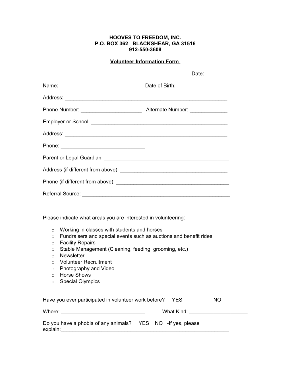 Volunteer and Staff Information Form and Health History