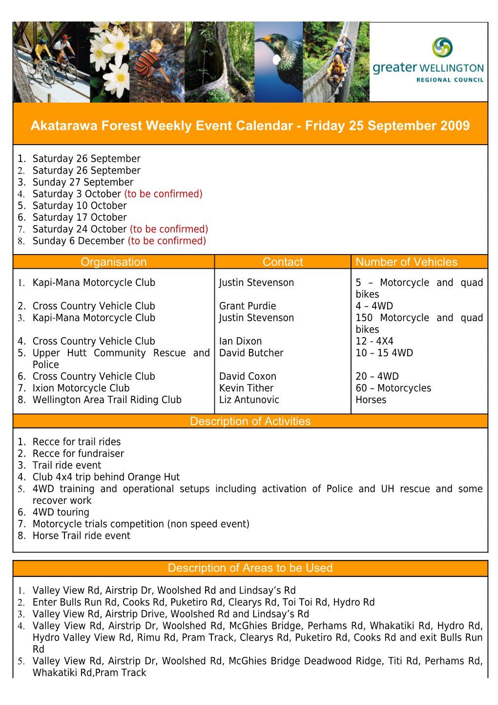Akatarawa Forest Weekly Event Calendar