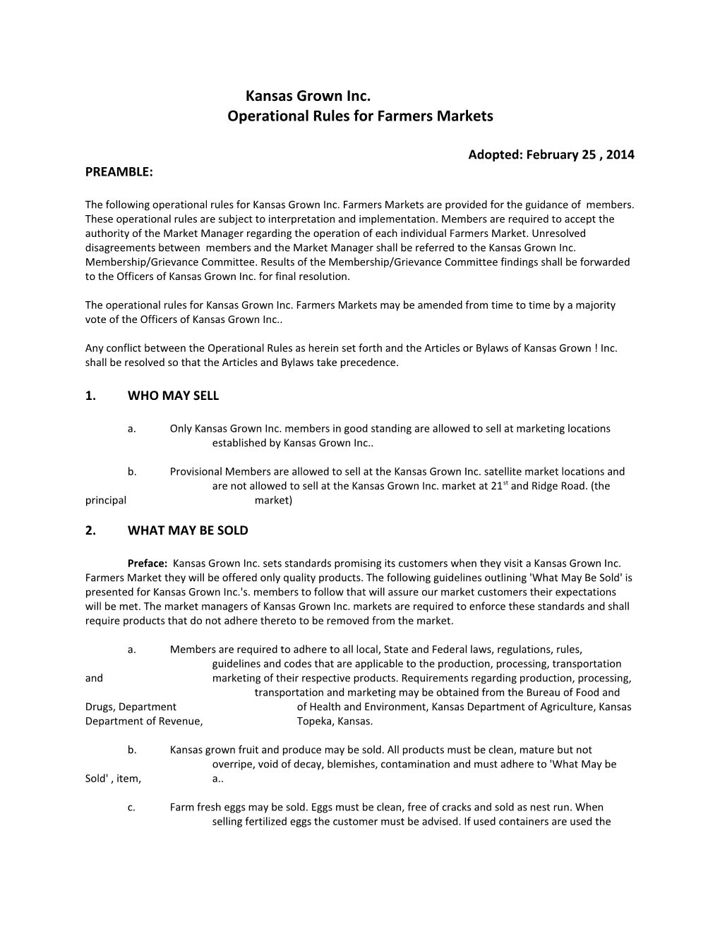 Operational Rules for Farmers Markets