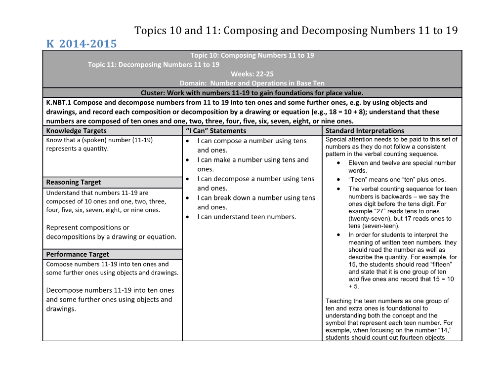 Topics 10 and 11: Composing and Decomposing Numbers 11 to 19