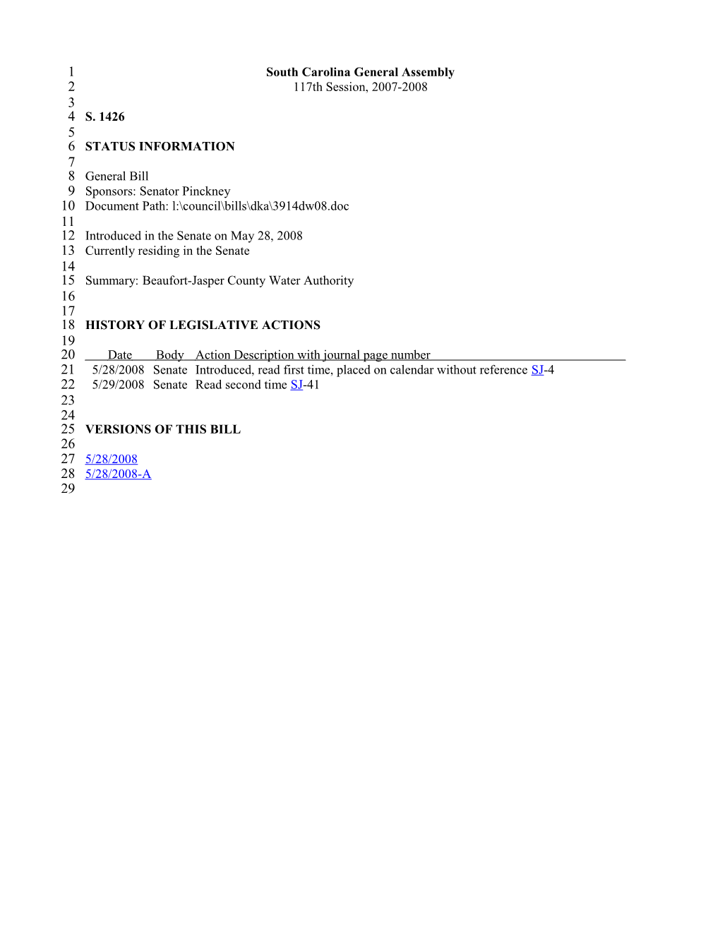 2007-2008 Bill 1426: Beaufort-Jasper County Water Authority - South Carolina Legislature Online