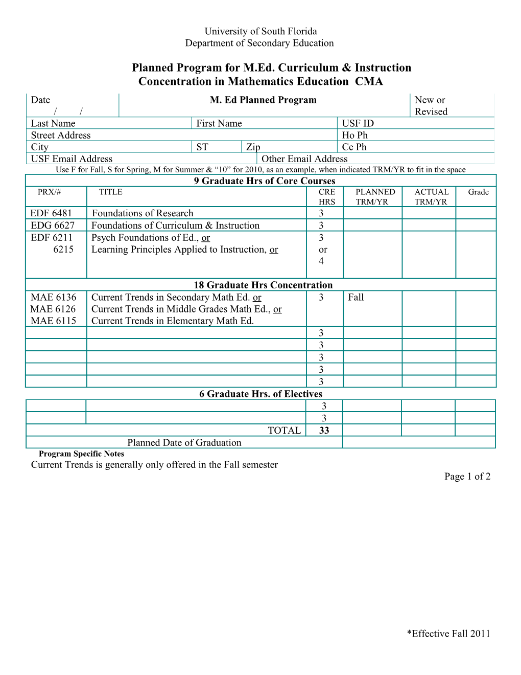 Concentration in Mathematics Education CMA