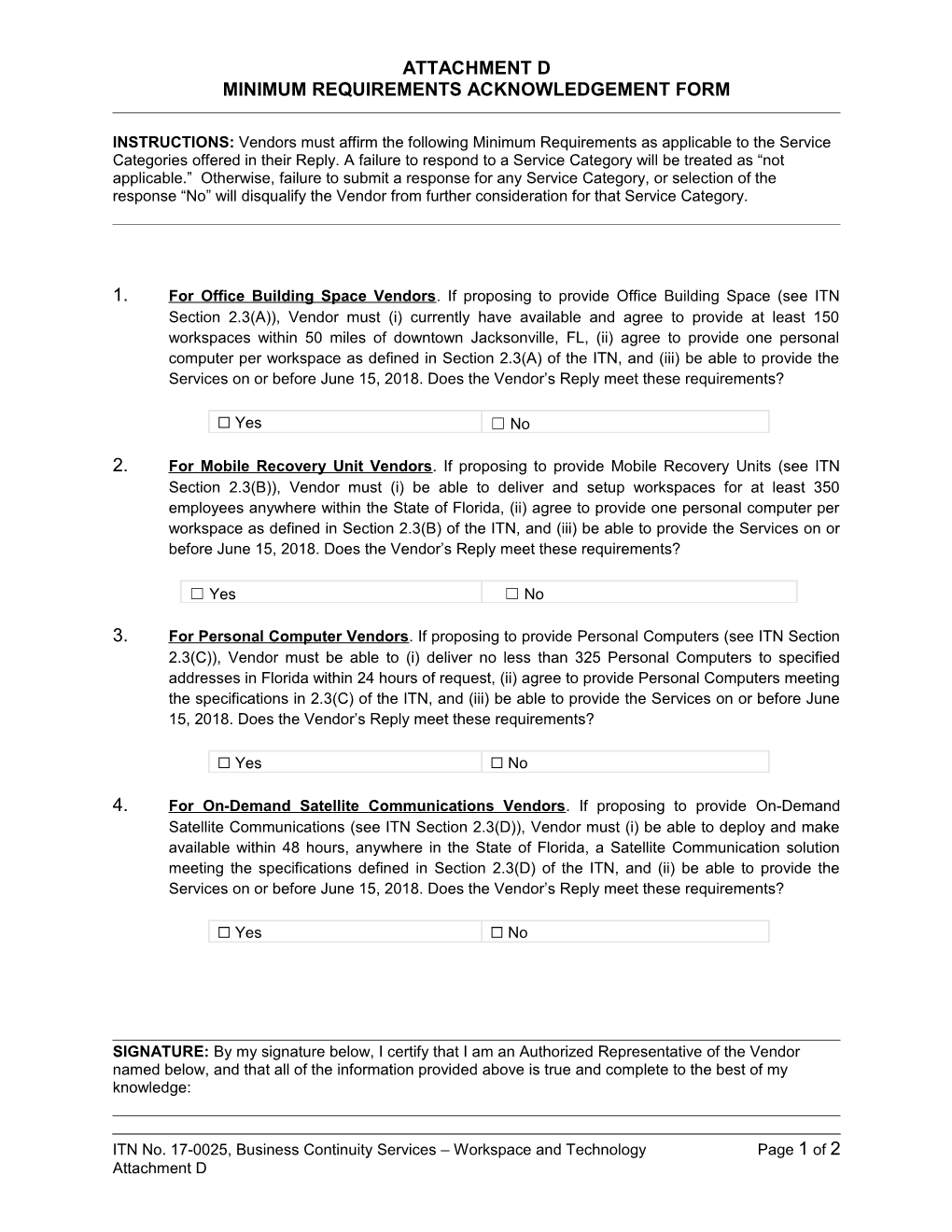 ATTACHMENT D Minimum Requirements ACKNOWLEDGEMENT Form