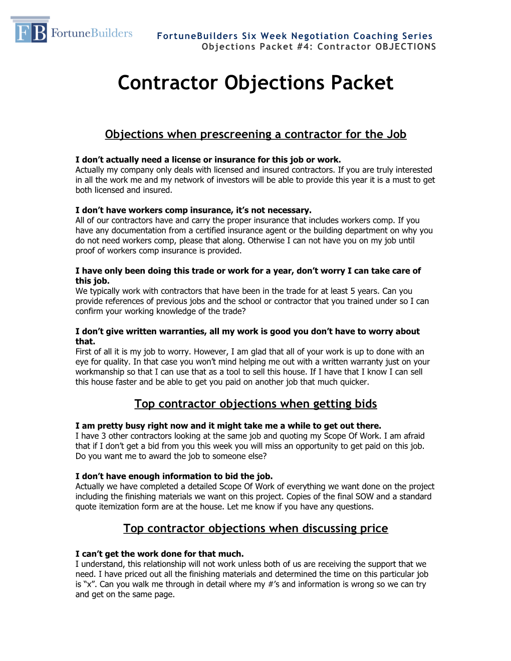Contractor Objections Packet