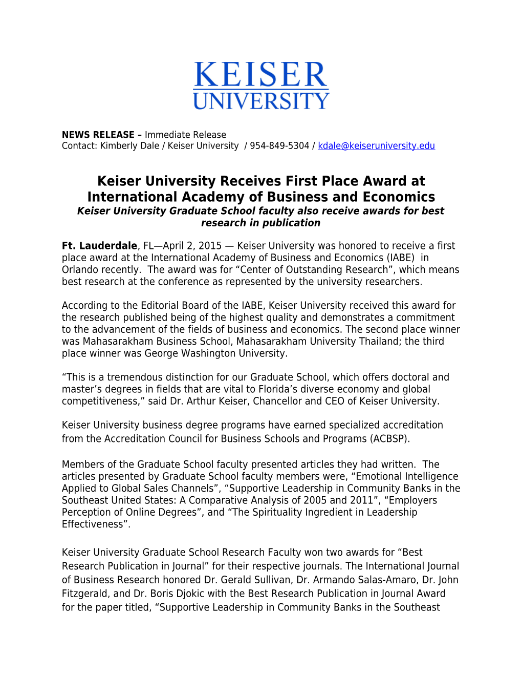 Keiser Universityreceives First Place Award at International Academy of Business and Economics