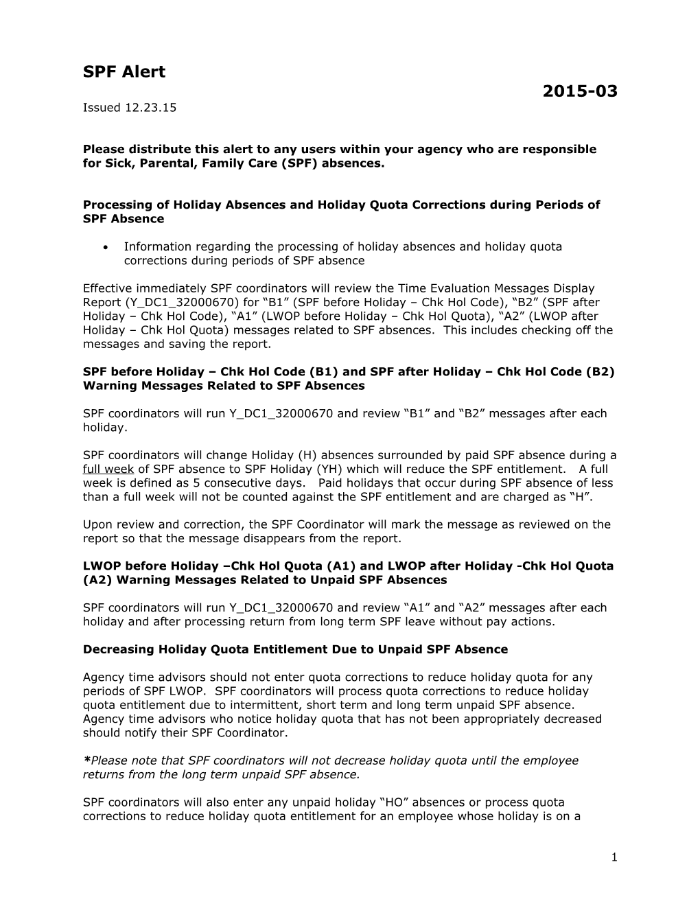 Processing of Holiday Absences and Holiday Quota Corrections During Periods of Military Absence