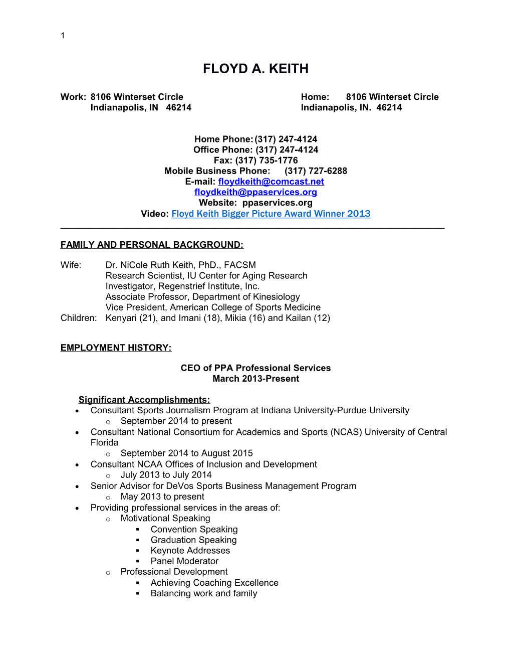 Floyd A. Keith Management Resume
