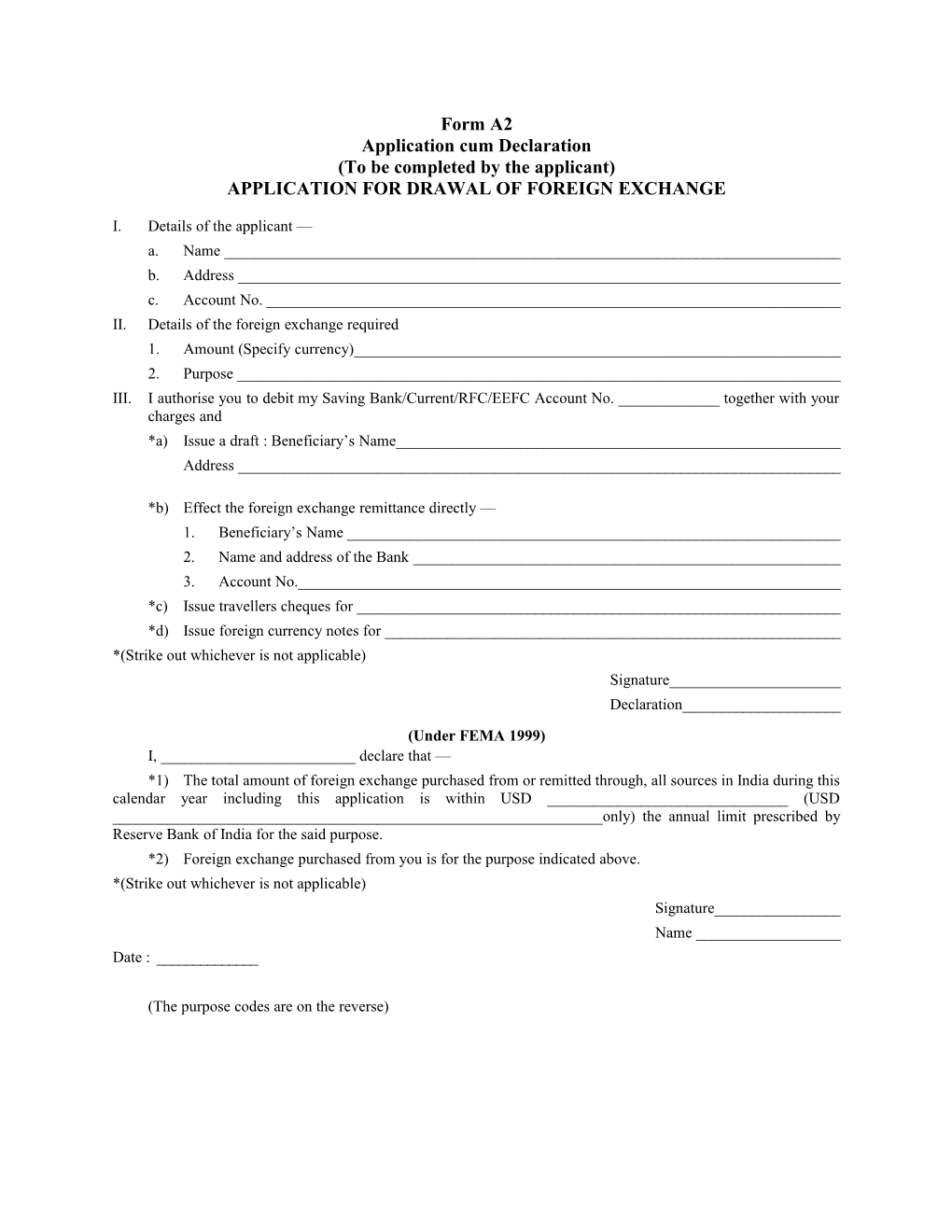 Application for Drawal of Foreign Exchange