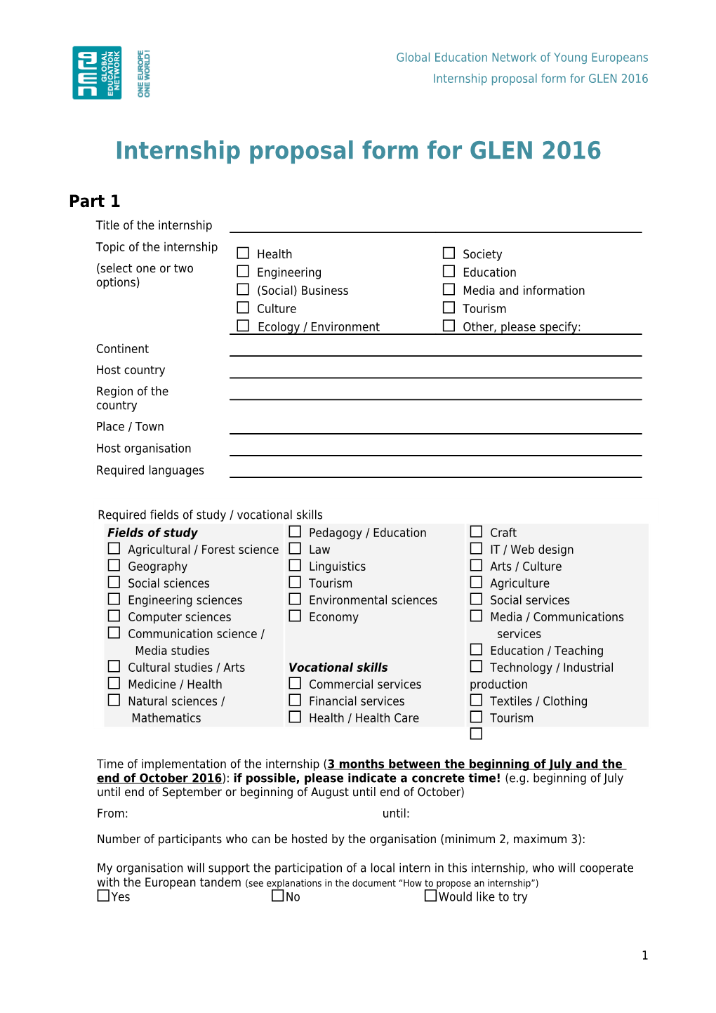 Internship Proposal Form for GLEN 2011