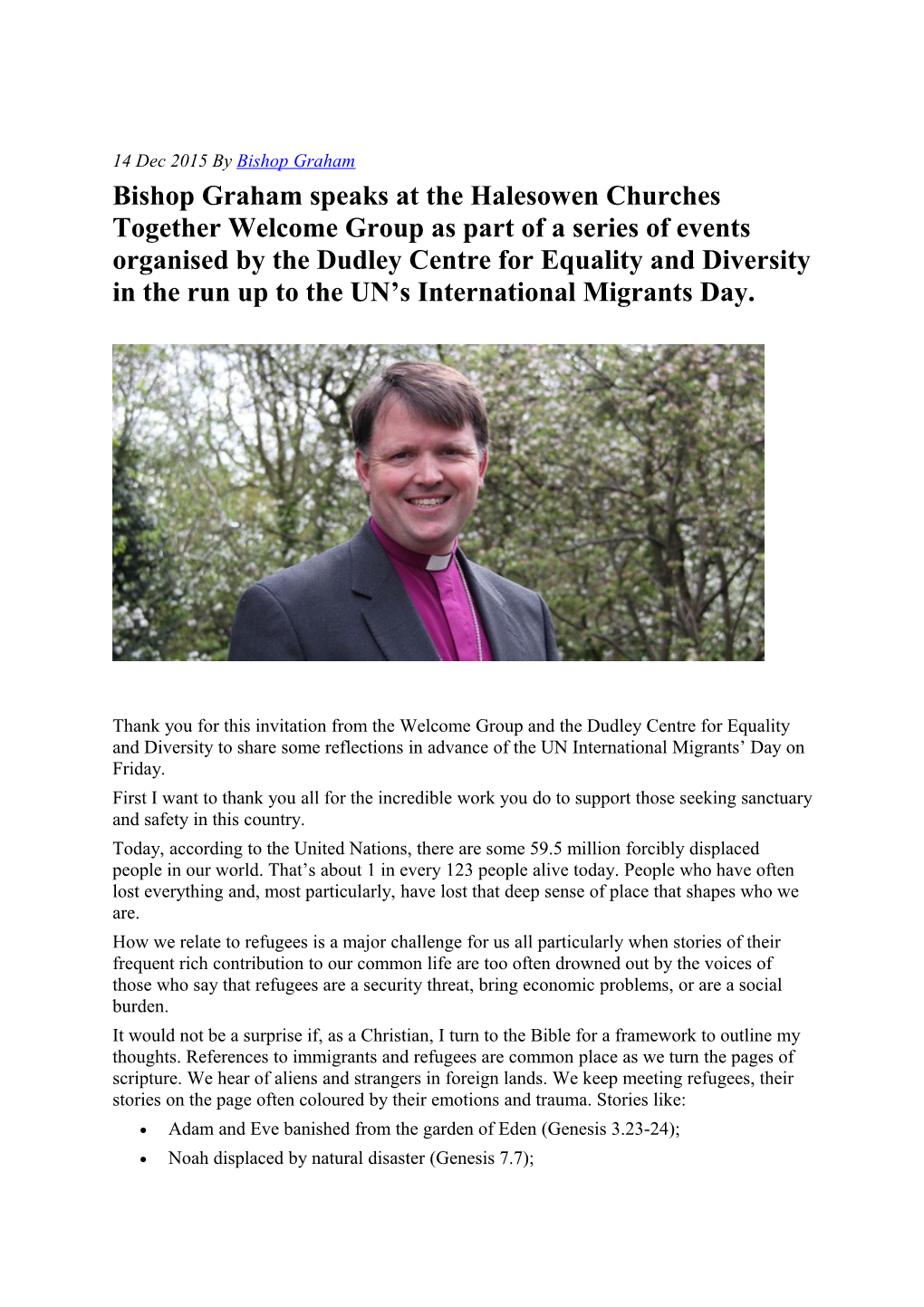 Bishop Graham Speaks at the Halesowen Churches Together Welcome Group As Part of a Series