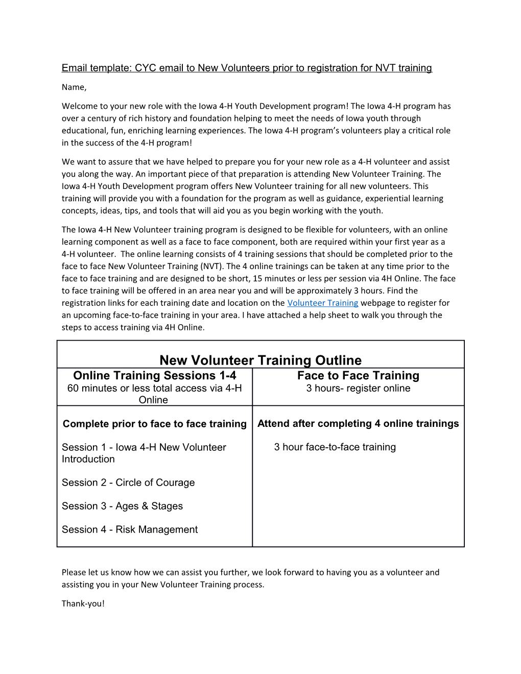 Email Template: CYC Email to New Volunteers Prior to Registration for NVT Training