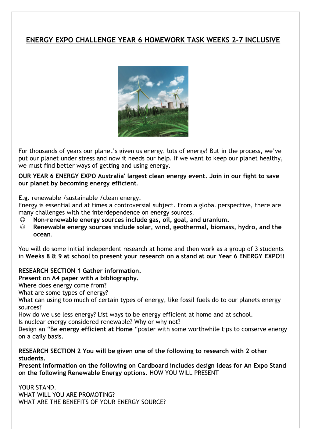 Energy Expo Challenge Year 6 Homework Task Weeks 2-7 Inclusive