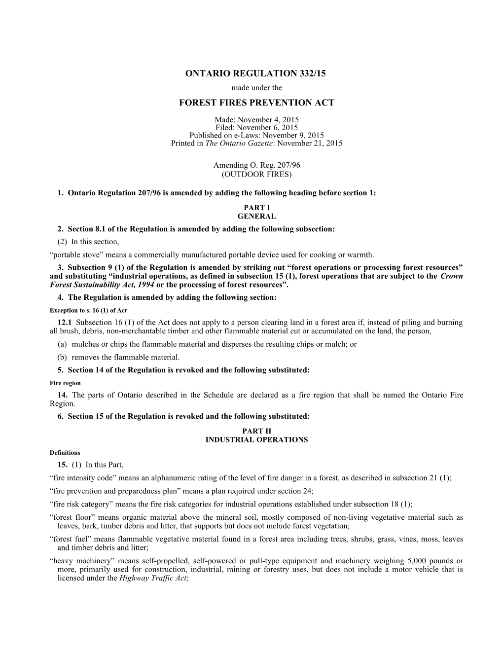 FOREST FIRES PREVENTION ACT - O. Reg. 332/15