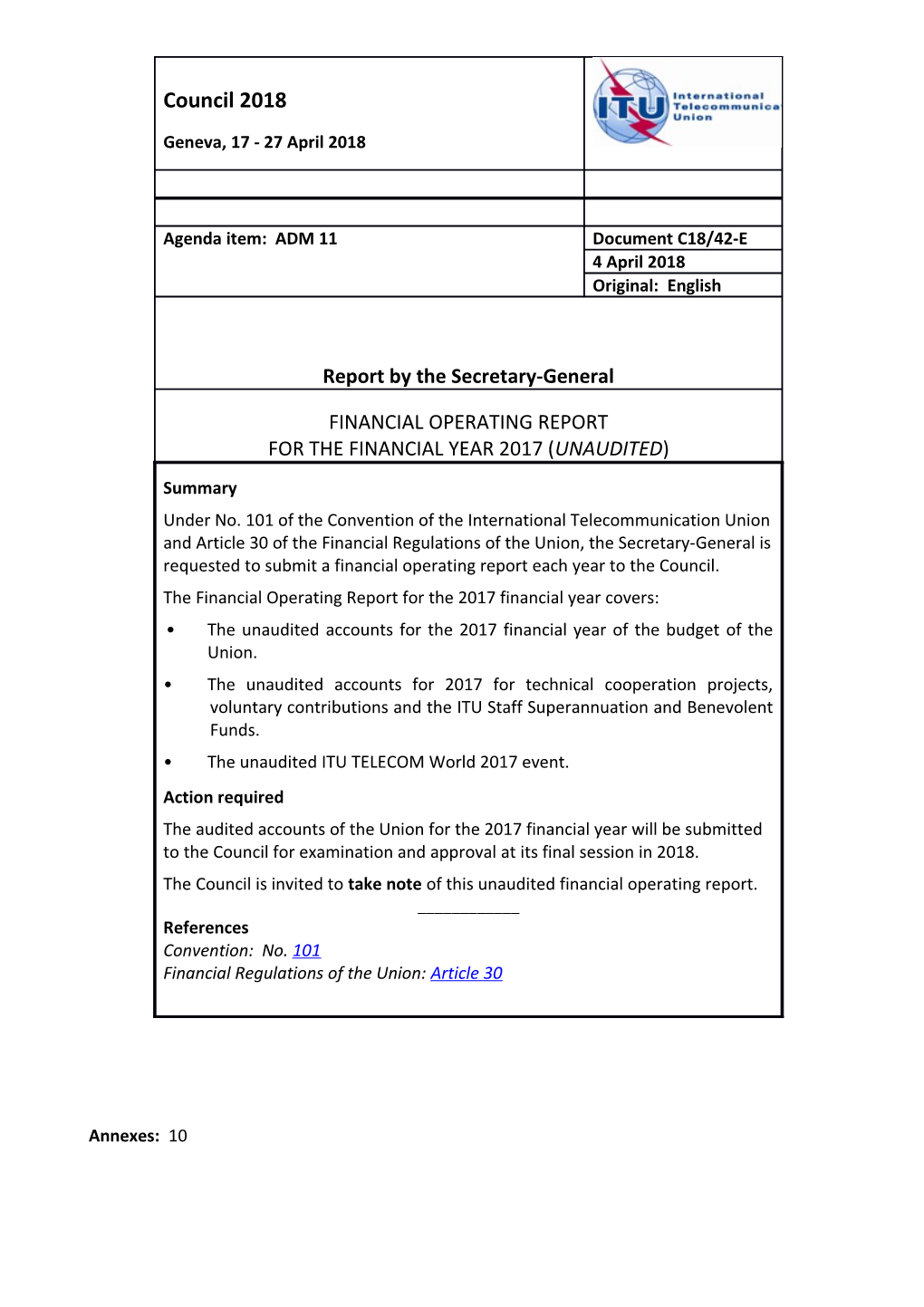 Unaudited Financial Operating Report