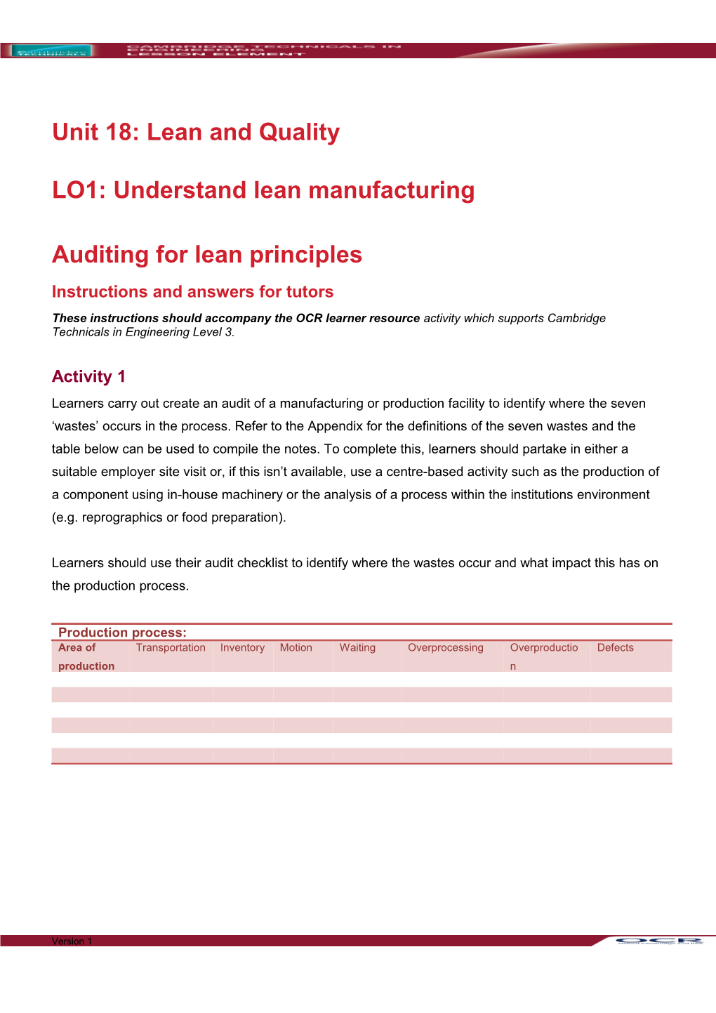 Cambridge Technicals in Engineering Unit 18: Lean and Quality LE1