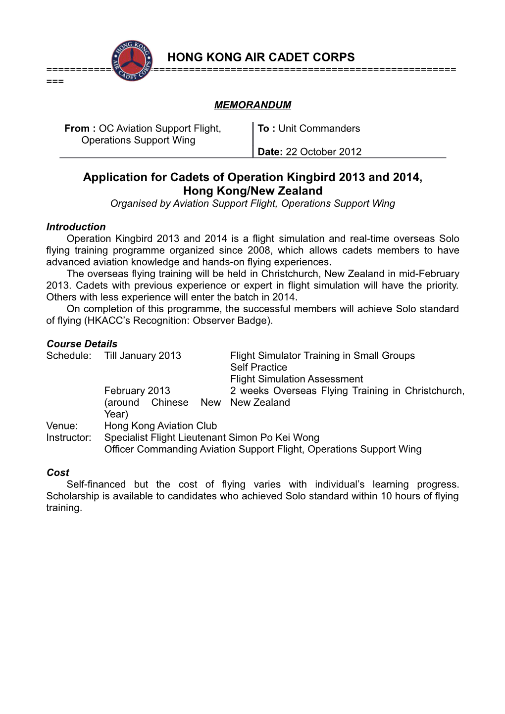 Application for Cadets of Operation Kingbird 2013 and 2014