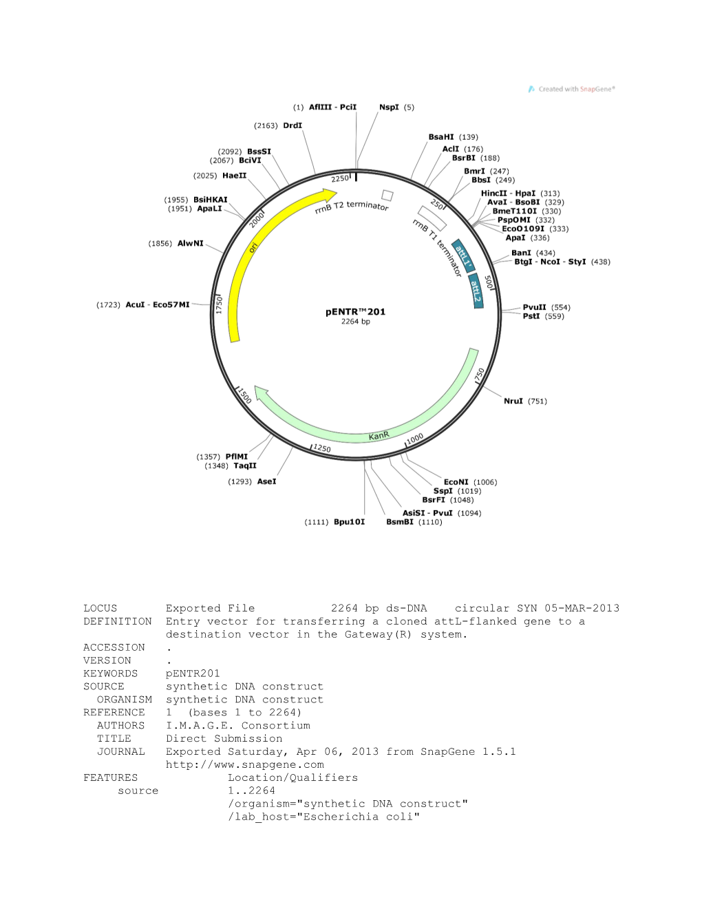 LOCUS Exported File 2264 Bp Ds-DNA Circular SYN 05-MAR-2013