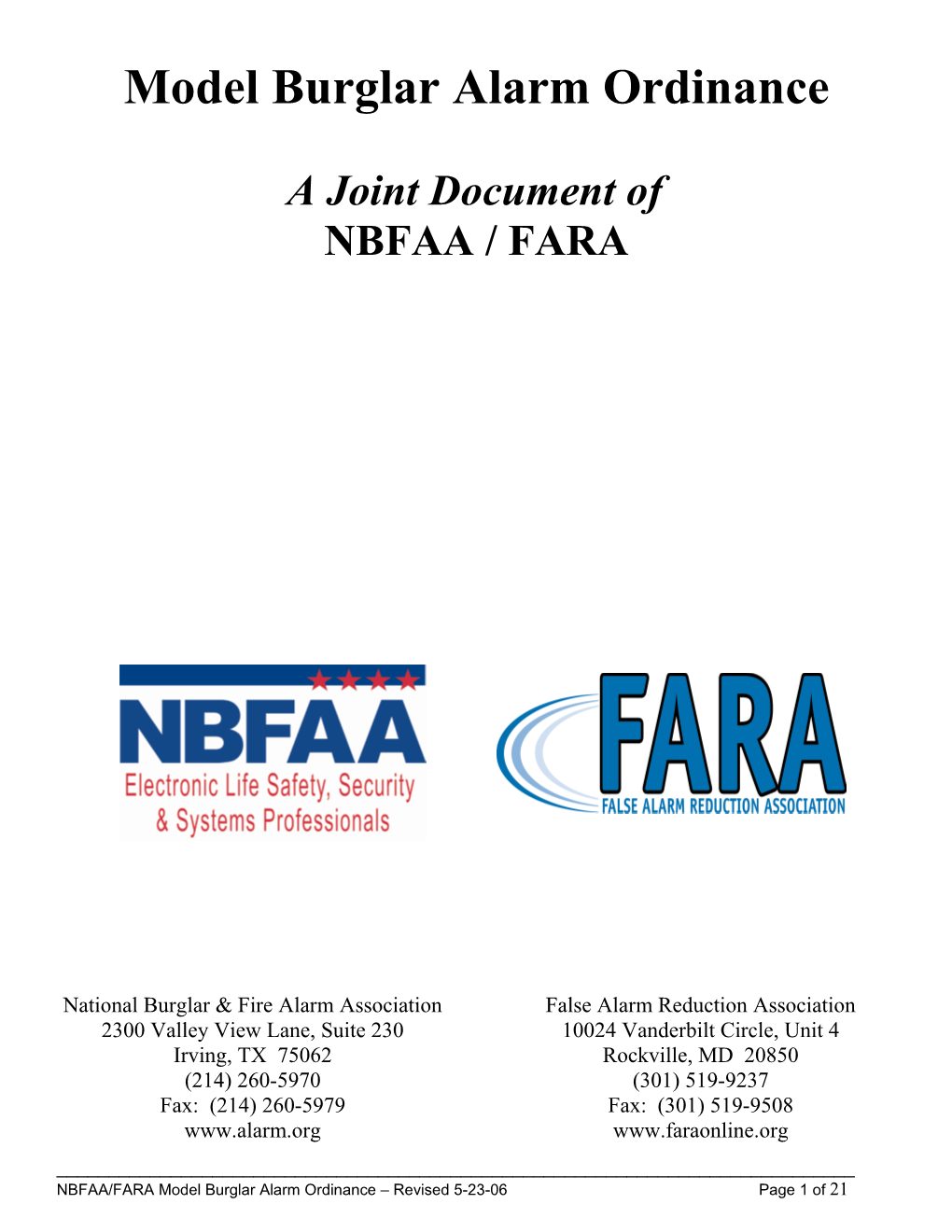 FARA/NBFAA Model Ordinance Governing Burglar Alarms