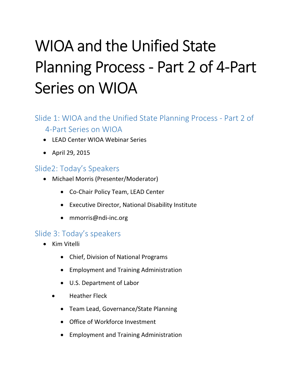 WIOA and the Unified State Planning Process - Part 2 of 4-Part Series on WIOA