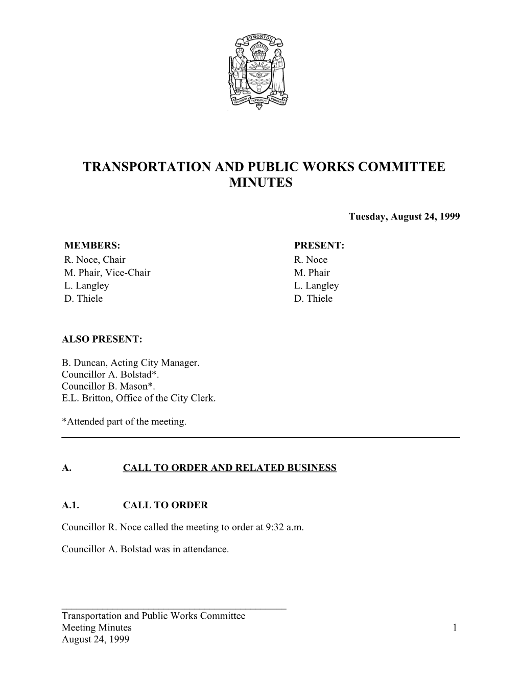 Minutes for Transportation and Public Works Committee August 24, 1999 Meeting