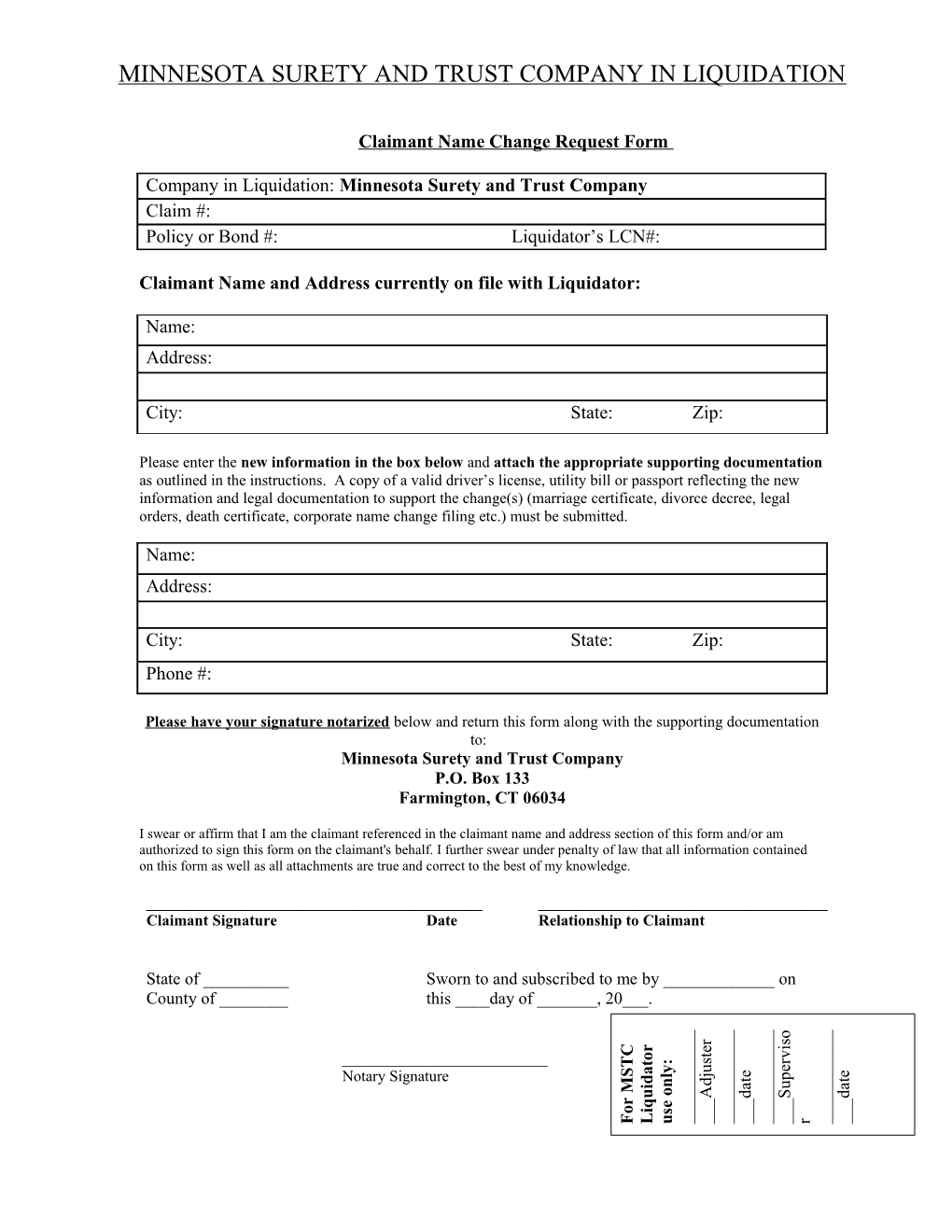 Claim Distribution Form for Company Name in Liquidation