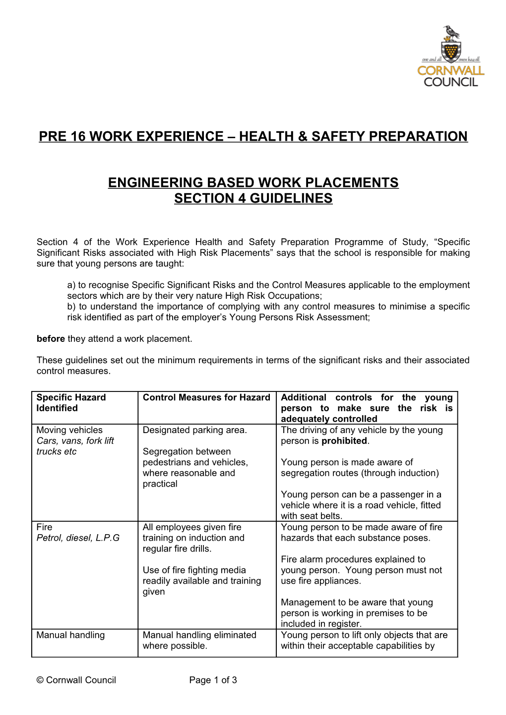 Pre 16 Work Experience Health & Safety Preparation