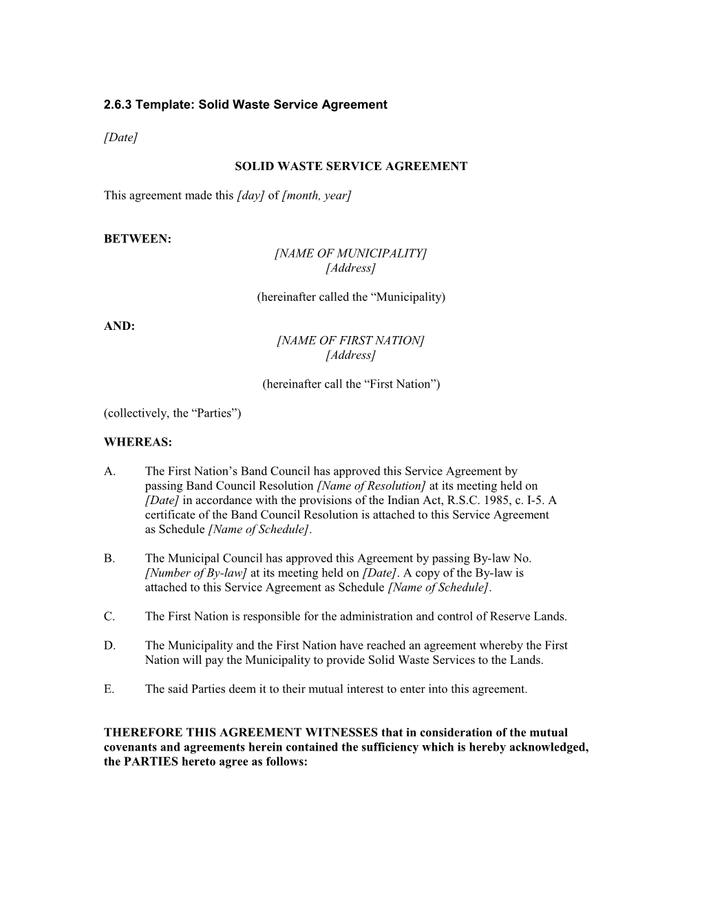 2.6.3 Template: Solid Waste Service Agreement