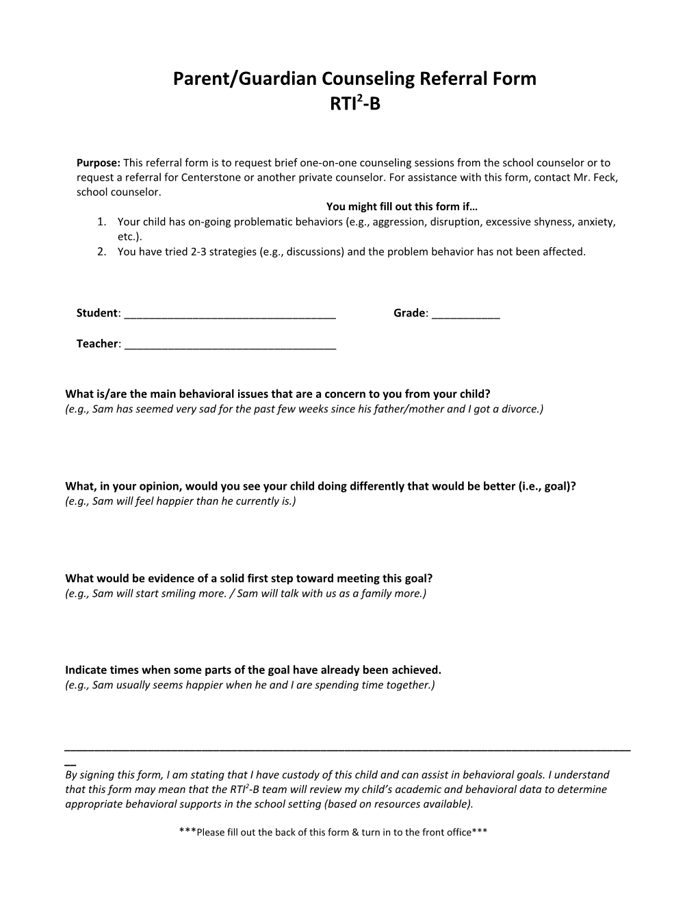 Parent/Guardian Counseling Referral Form