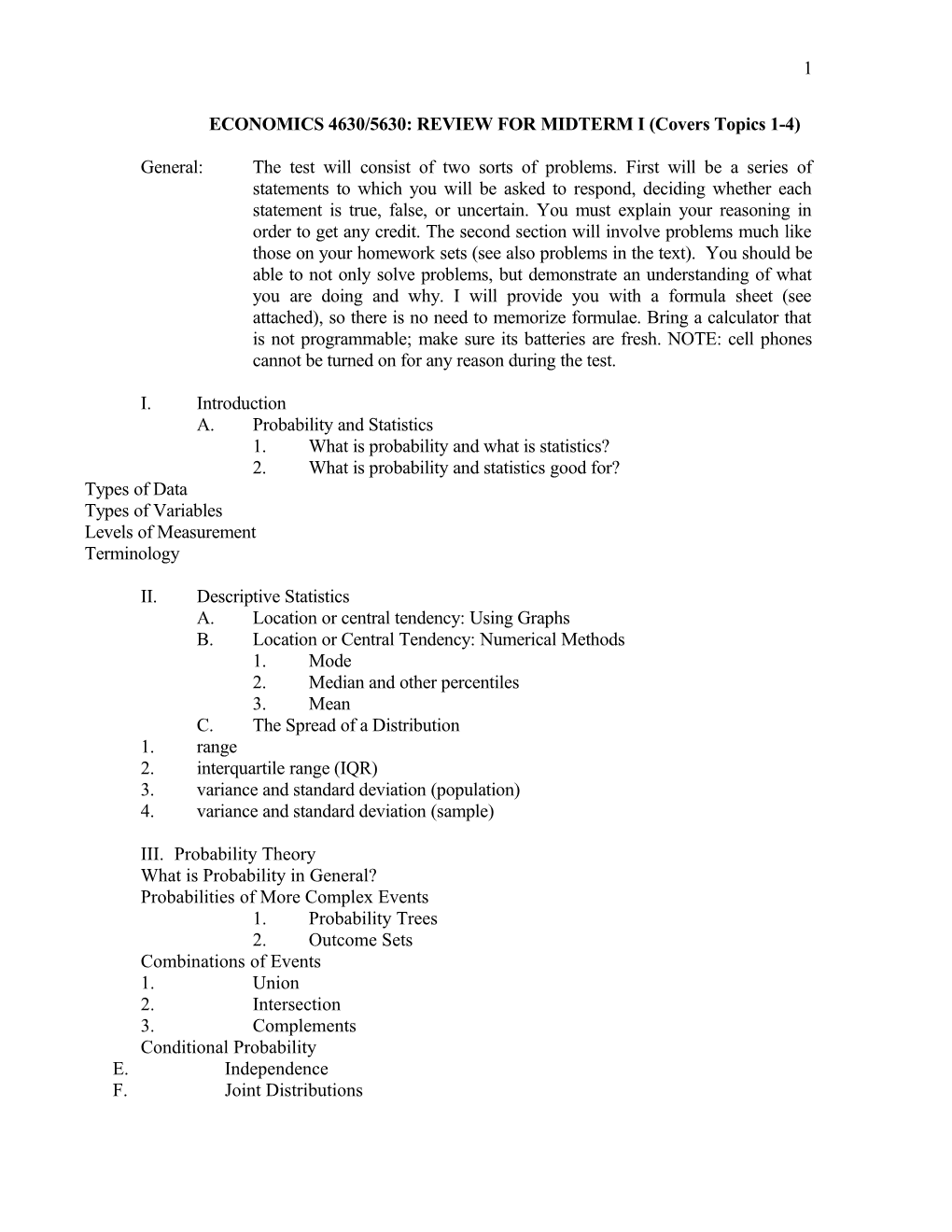 ECONOMICS 4630/5630: REVIEW for MIDTERM I (Covers Topics 1-4)