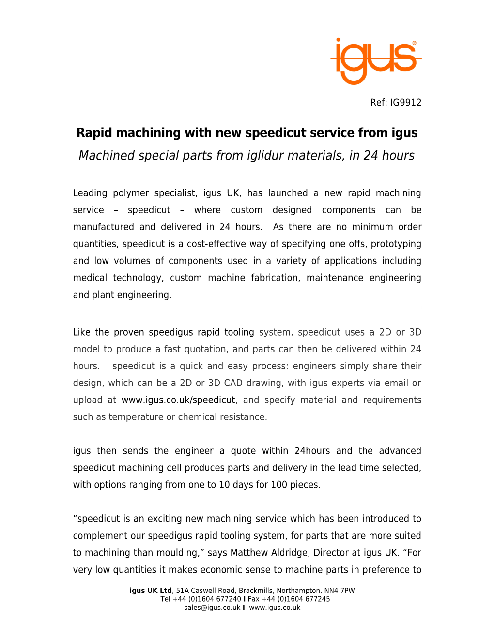 Rapid Machining with New Speedicut Service from Igus