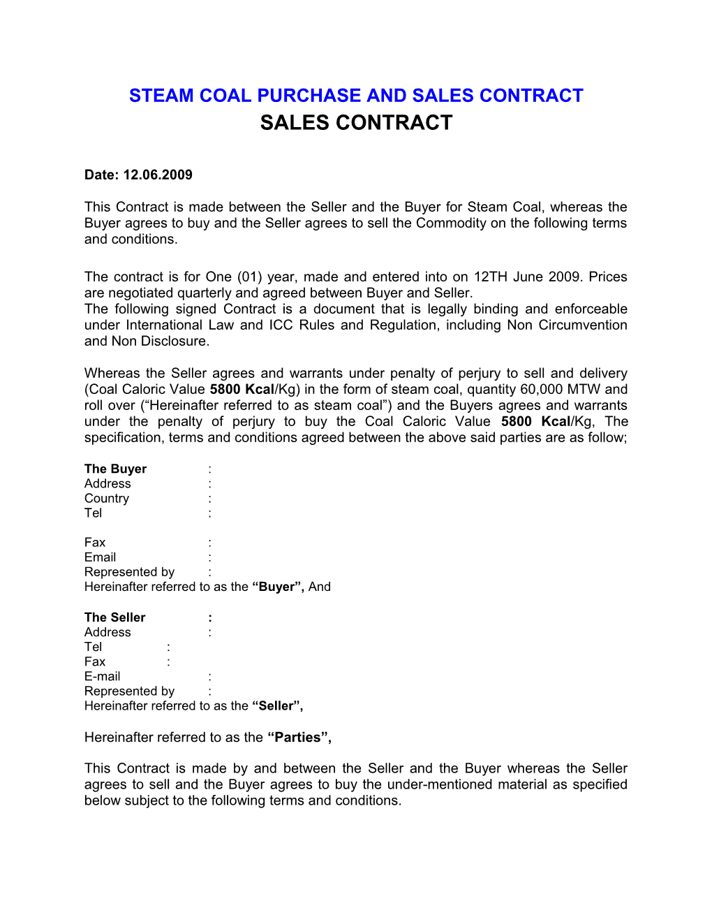Steam Coal Purchase and Sales Contract