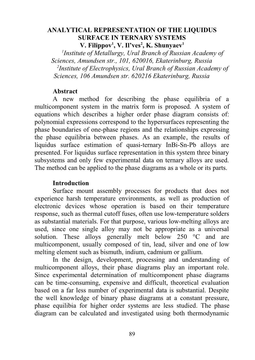 Analytical Representation of the Liquidus Surface in Ternary Systems