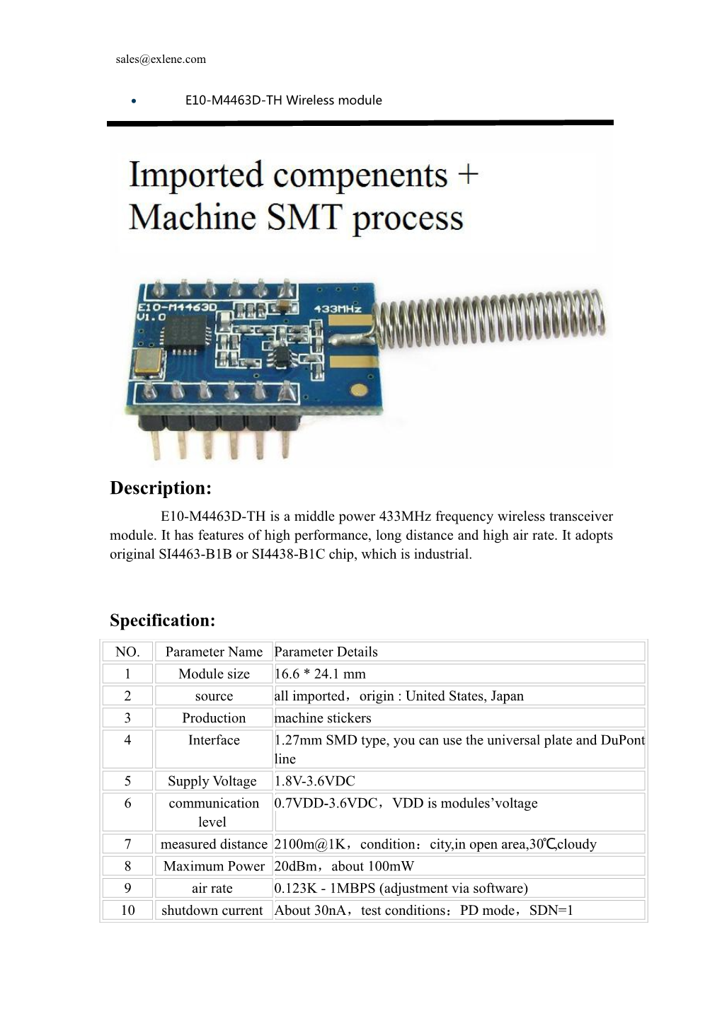 E10-M4463D-TH Is a Middle Power 433Mhz Frequency Wireless Transceiver Module. It Has Features