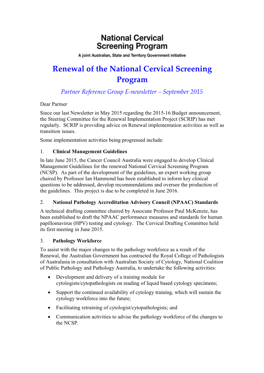 Renewal of the National Cervical Screening Program, E-Newsletter