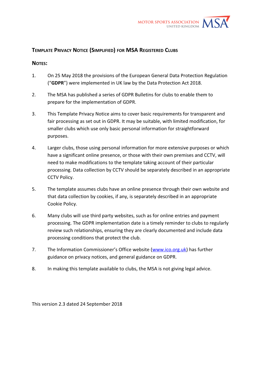 Template Privacy Notice (Simplified) for MSA Registered Clubs